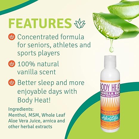 Aloe Life - Body Heat Vanilla Rub, Lubricating, Warming Action, Soothes & Relieves Sore Muscles, Safe For Seniors & Athletes, Helps Reduce Tension & Stress, Gluten-Free (7 oz)
