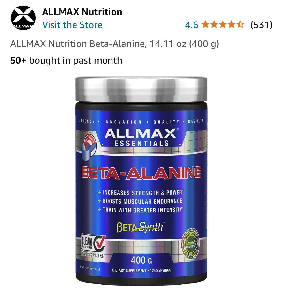 Allmax Beta Alanine, non stim preworkout, caffeine free, amazon listing image