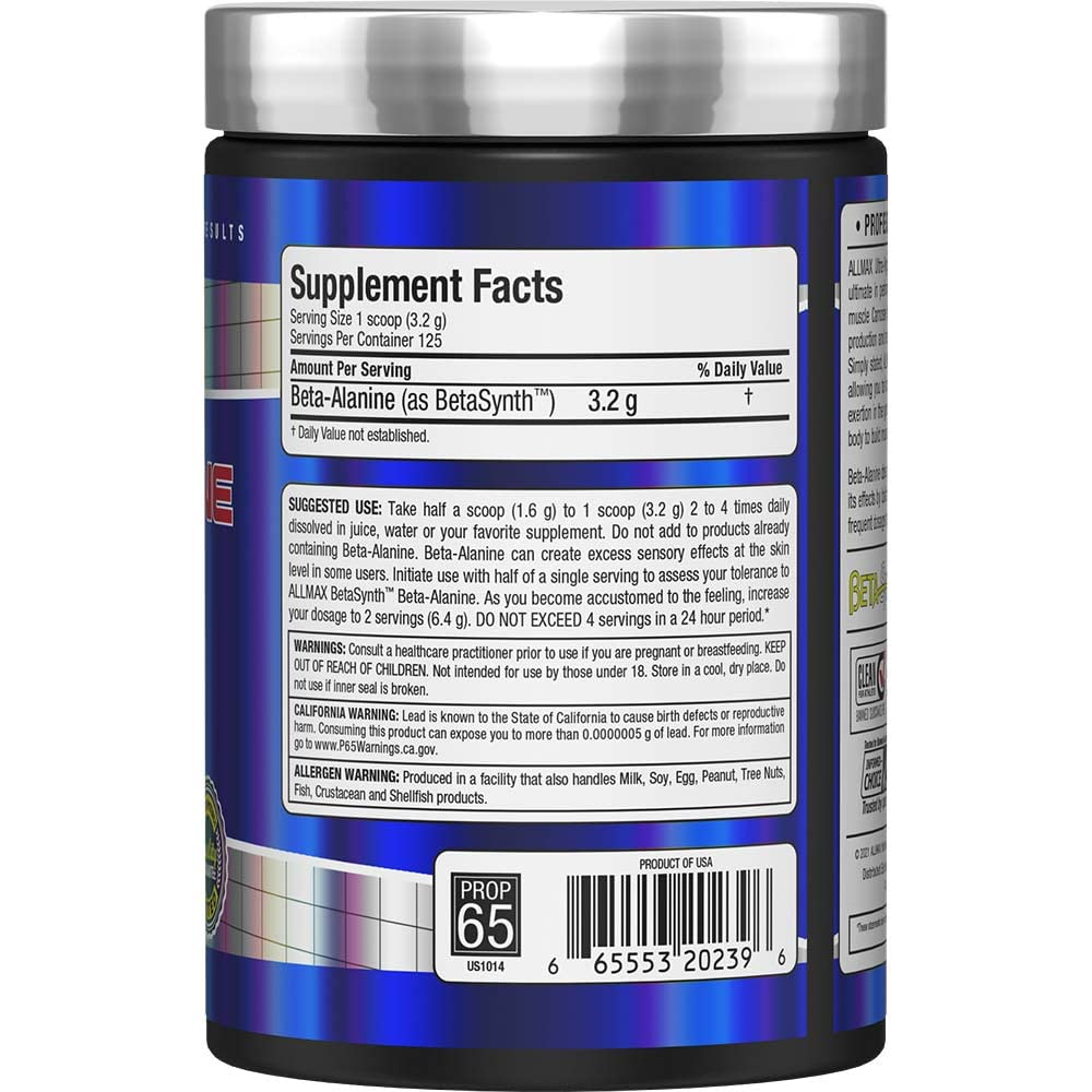 Allmax Beta Alanine, non stim preworkout, caffeine free, back label image