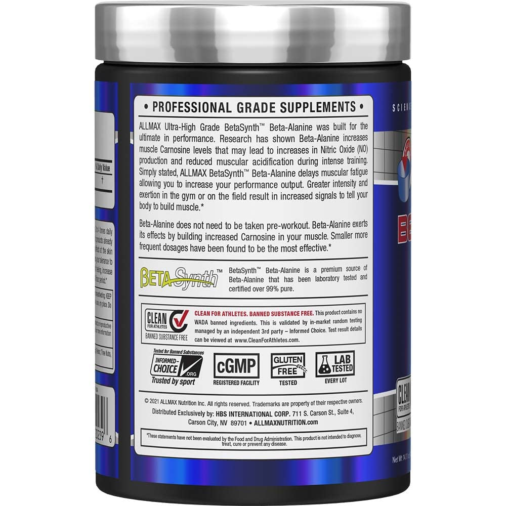 Allmax Beta Alanine, non stim preworkout, caffeine free, product description image