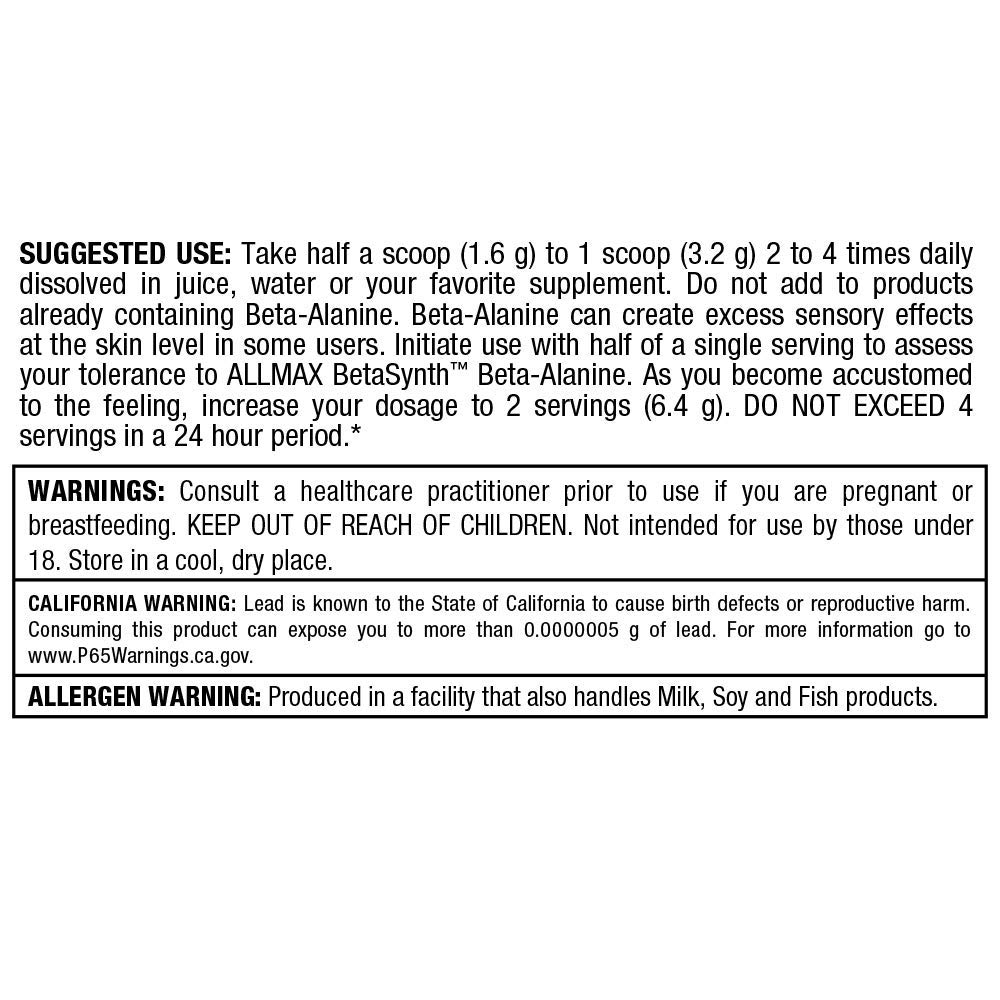Allmax Beta Alanine, non stim preworkout, caffeine free, usage directions label