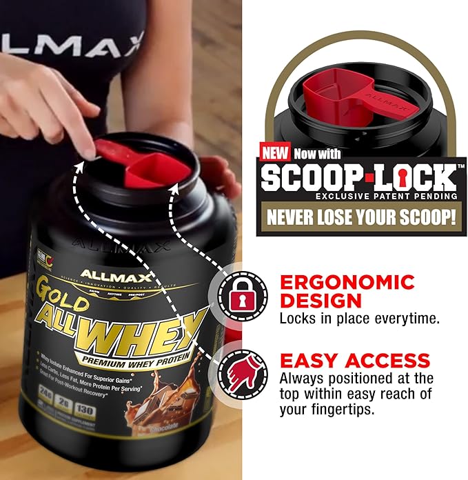 Allmax gold standard whey protein, best chocolate protein powder, cheap protein powder for women or men, low calorie protein powder, clean protein powder, iso whey protein, whey protein concentrate, whey isolate protein powder, best protein powder for weight loss, best tasting protein powder, good for high protein breakfast, protein shakes, protein drinks, scoop lock design