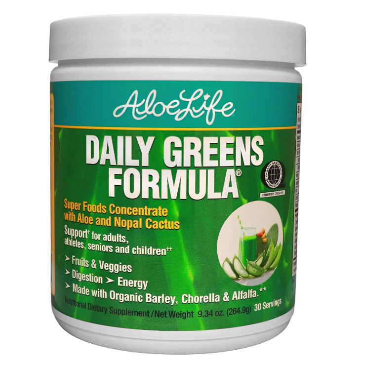 Aloe Life - Daily Greens Powder, QAI-Certified Organic Health Supplement, Antioxidants, 21 Fruits, Veggies, & Herbs Including Aloe & Nopal Cactus, Low-Calorie, Keto-Friendly, Gluten-Free (30 Servings)