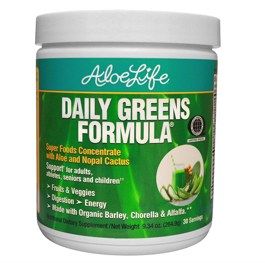 Aloe Life - Daily Greens Powder, QAI-Certified Organic Health Supplement, Antioxidants, 21 Fruits, Veggies, & Herbs Including Aloe & Nopal Cactus, Low-Calorie, Keto-Friendly, Gluten-Free (30 Servings)