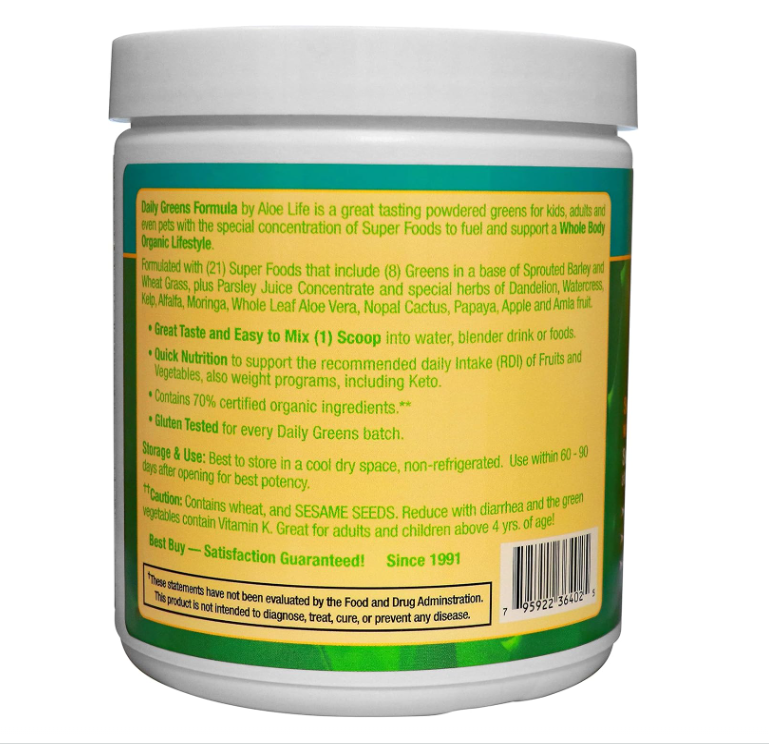Aloe Life - Daily Greens Powder, QAI-Certified Organic Health Supplement, Antioxidants, 21 Fruits, Veggies, & Herbs Including Aloe & Nopal Cactus, Low-Calorie, Keto-Friendly, Gluten-Free (30 Servings)