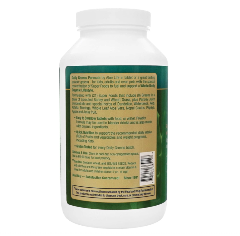 Aloe Life - Daily Greens Tablets, Certified Organic Health Supplement, Antioxidants, 21 Fruits, Veggies, & Herbs Including Aloe & Nopal Cactus, Low-Calorie, Keto-Friendly, Gluten-Free (210 Tablets)