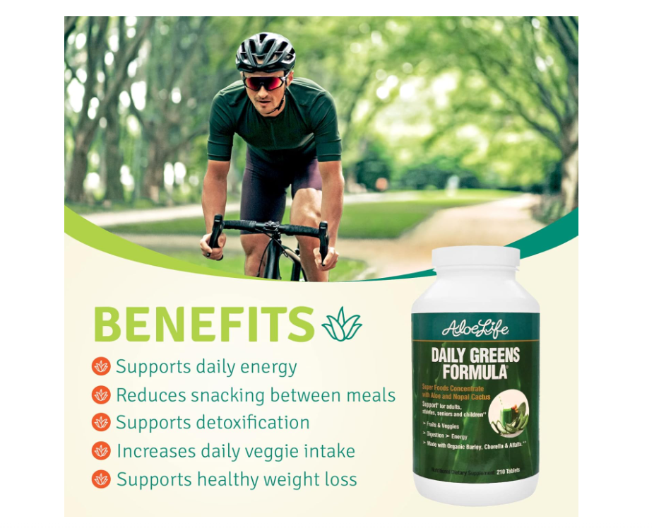 Aloe Life - Daily Greens Tablets, Certified Organic Health Supplement, Antioxidants, 21 Fruits, Veggies, & Herbs Including Aloe & Nopal Cactus, Low-Calorie, Keto-Friendly, Gluten-Free (210 Tablets)