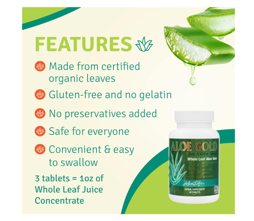Aloe Life - Aloe Gold Tablets, Immune Support & Healthy Herbal Bitters, Supports Proper Digestion, Promotes Energy & Body Wellness, Certified Organically Grown Whole Leaf Aloe Vera Leaves