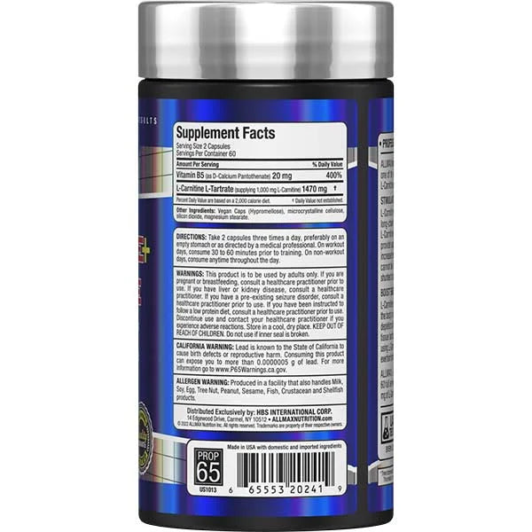 ALLMAX Essentials L-CARNITINE Tartrate - 120 Capsules